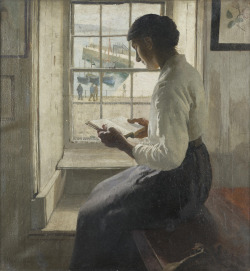 books0977:  The New Book (1920). Harold Harvey (British 1874-1921). Oil on canvas. A woman in white blouse and blue skirt facing left holds a book open in both hands. She sits before a window with a deep seat. The overall tonality is very pale. Royal