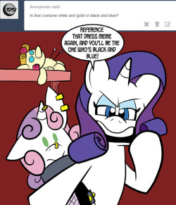 askmeaniebelle:Meanie: Sis… why are you so upset about that meme?Rarity: …Meanie: Sis… did you… did you design that dress?Rarity: …Meanie: Oh my Celestia! You did, didn’t you!Rarity: Go to your room, Sweetie Belle!Meanie: We’re in my room.Rarity:
