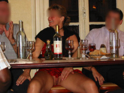 carelessnaked:  Showing pussy under the table and having fun in a bar with friends 