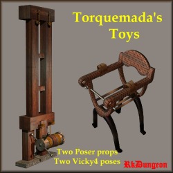 If you’re looking for even more props for you dungeons then here you go! Two props for your dungeon with poses for Victoria 4! Works perfectly with Poser 6 . Check the link for more info and photos! Woo! Torquemada&rsquo;s Toyshttp://renderoti.ca/Torquema
