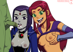 incognitystuff:   Patreon Tone Practice: Raven and Starfire Blowjob  Here is a random illustration of Raven and Starfire… plus Beast Boy is  sort of there. Starfire is posing for us while Raven tolerates being  looked at. Raven and Starfire were another