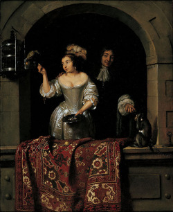 centuriespast:  A Lady with a Parrot and a Gentleman with a Monkey Caspar Netscher (Dutch, 1639 - 84) 1664. Oil on canvas, 13 13/16 x 11 1/8”. 1978.018 Columbus Art Museum 