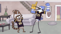 Ooooooooh! Mordecai and Rigby are so hyped for the big game! 