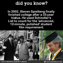 did-you-kno:  In 2002, Steven Spielberg finally finished college after a 33-year hiatus. He used Schindler’s List to count for the ‘advanced, 12-minute, polished’ student film requirement.  Source 