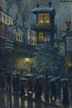 urgetocreate:  Rain on a city street is by Hans Baluschek, 1917 