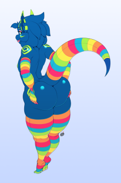 rocketraptor:   A colourful booty update! Some friends of mine actually bought rainbow stockings which inspired this pic. I didn’t want them myself, but I had no problems putting them on Dax. lol    TWITTER - FURAFFINITY - PATREON - DISCORD   