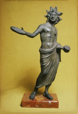 ancientpeoples:  Hollow Cast Bronze Depiction of a Priest Etruscan c. 2nd Century BC In his left hand, the priest holds an incense box, and, in his right hand, a “phiale” (shallow bowl) used to pour ritual liquid offerings. His twisting pose, long