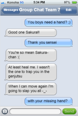 textingninjasofkonoha:  Right after Naruto and Sasuke’s fight in chapter 698 Sakura unleashes her puns.  Sakura is in the blue, and Sasuke, Naruto and Kakashi are in the white. Sasuke is the one using -_- and Naruto is using the frown faces :(. Kakashi