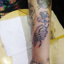 skeleton hand and flower  Thank youu.    #ink #tattoos #chelsea #boston  #ravenseyeink #tattoo #tigerlily  #blackandgrey  #skeletonhand  (at Raven&rsquo;s Eye Ink)