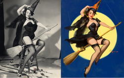 thetarrpit:  perryface:  vintagegal:  Model poses and the finished paintings of Gil Elvgren  This is awesome.  before there was photoshop there were illustrators.  
