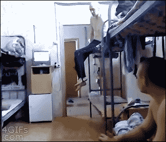 4gifs:  Drunk Russian fails at climbing off bunk bed. [vid]  this is exactly why i do NOT get on the top bunk. disaster always happens XD