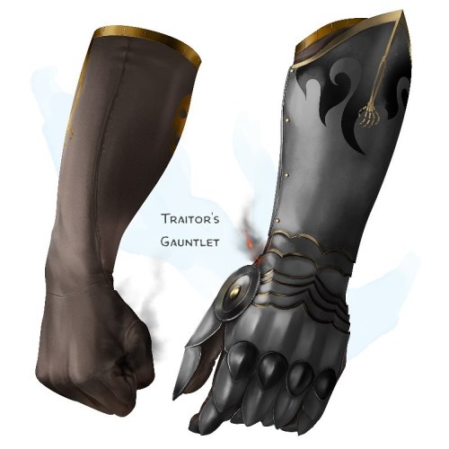 the-griffons-saddlebag:  💎 𝗡𝗲𝘄 𝗶𝘁𝗲𝗺! Traitor’s Gauntlet Wondrous item, rare (requires attunement) ___  This pair of gloves is matched with one dark metal gauntlet, which once belonged to a traitorous knight who was burned for