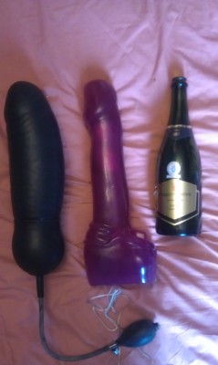 kinky-gal:  These are two of my mum’s biggest toys, the wine bottle is not just there to give an idea of scale but also because my mum thoroughly enjoyed fucking my pussy with it while she was waiting for the roast beef to finish cooking.