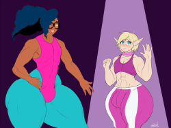theselfsufficientcrescent:Quick thing I did for a friend.Basically his OC is a successful example of Arro’s exercise regimen.Both characters are 18+, the elf is just an elf and is also farther away. 