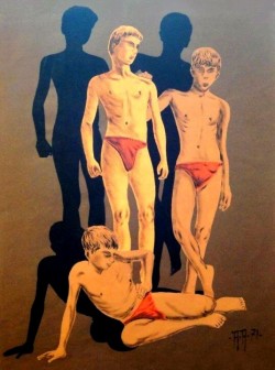 uranist-art:  A. Aumaitre (xxe siècle) – Artiste français  Trois slips rouges / Three Red Briefs  Source : http://follyblog.tumblr.com (Sebastian’s Folly - 20.01.2017)