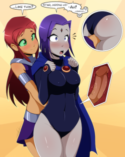 starcross-nsfw: Starfire surprises Raven with a little action from behind. It seems that Raven won’t be too upset with her though. High-res version available on my Patreon page! Links: - Patreon - Eka’s Portal - SFW Art 