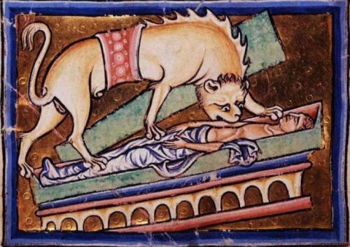 Hyena eating a dead man, British Library, Royal MS 12 C. xix, Folio 11v Nudes &amp; Noises  