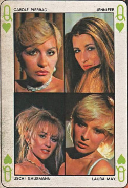 Carole Pierac, Jennifer Hausmann, Ursula (aka Uschi) Gaussmann and Laura May - European pornstars of the 1980s, in a 4-way portrait from the cover of Supersex mag