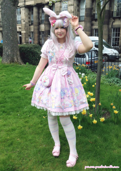 princess-peachie:My Easter Bunny outfit for the egg hunt I did last weekend! -^_^-Video here: [x]Outfit RundownDress/Headbow/Socks: Angelic Pretty’s “Cotton Candy Shop”Blouse/Shoes: BodylineWig: Dreamy WigsAccessories: Cute Can Kill, Kawaii Goods,