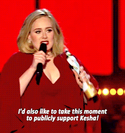 adelembe: Adele publicly supports Kesha in her acceptance speech for winning The Brit Award for British Female Solo Artist.  