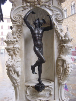 ganymedesrocks:  Benvenuto Cellini’s Perseus’ statue (1545 – 1554) rests upon a rather high pedestal, which is adorned with four small bronzes, inserted in the sculpted marble pedestal four niches.  The pedestal bronzes are another refined example