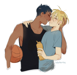 hawberries:  my fantasy is people being nice to kise instead of being mean to him 😊[images are 4 digital drawings of various characters kissing kise ryouta. image 1: aomine reels him in, grinning, with one hand cradling the back of his head. image