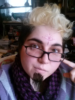 &lsquo;Hello, listeners…&rsquo; Makeup test for my Cecil cosplay. I have a vest to use, but I don’t have a proper shirt, so have a dorky purple sweater and scarf I found a good will yesterday. Next up: furry pants!