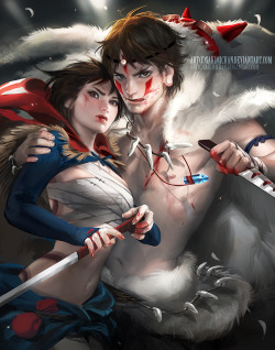 sakimichan:  from two of my favorite Studio Ghibli films, I give you prince mononoke and lady howl. I had alot of fun painting this ! hope you guys like. Again please reblog from me if you want to share on your tumblr! I would greatly appreciate it ;w; !
