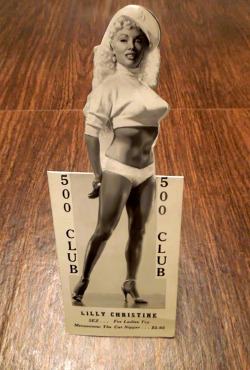 Lilly Christine         aka. “The Cat Girl”..Vintage souvenir 50’s-era “table-topper” card from the famed ‘500 CLUB’;  located on Bourbon Street, in New Orleans.. These standee cards were set on  each table at the club; advertising