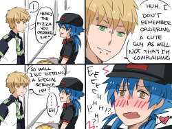 mayonaka-hibiki:  self-indulgent doodle strip of pizza boy aoba with shitty flirty brat noiz who keeps ordering from them when aoba’s on delivery shift au don’t look at me like that i had to get it out of my system its still not out of my system someone