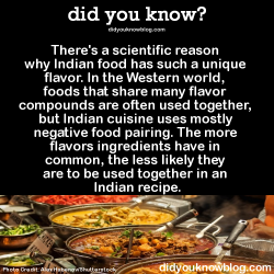 did-you-kno:  There’s a scientific reason why Indian food has such a unique flavor. In the Western world, foods that share many flavor compounds are often used together, but Indian cuisine uses mostly negative food pairing. The more flavors ingredients
