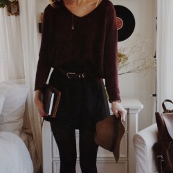 christiescloset:  It’s so cold i am so done with it but here is the outfit i think i’m wearing today..brandy melville maroon sweater &amp; skirt with a brown belt &amp; tights, h&amp;m hat, chameli necklace 🌾