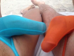 thong-jock:  Thonged at jones beach in tendenze louis thongs with a buddy. Boners encased in thin stretchy lycra in the sun, followed by a stroll in the dunes with our thick thonged meat swinging and some hot pouch play. Made my bud bust in his pouch.