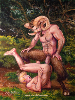 eroswolf:  &ldquo;THE SATYR’S TOY&rdquo; by Marc DeBauch  2014 gouache on paper  17”x12.75” Wander too far into Pan’s Forest and you become his property!   i just finished this painting this evening.  