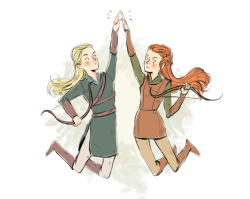 elvishness-deactivated20191104:  legolas and tauriel are archer bffs that hunt orcs together and braid each other’s hair y/y their clothes are probably very inaccurate cause i the only ref i used was a gifset asjksj 