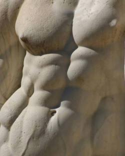 Pecs and washboard abs in sand.