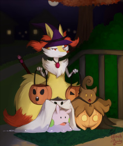 myra-avalon:  Quick doodle sketched up for Halloween Braixen’s stuck with them because neither Goomy nor Pumkaboo have hands…they better give her some of the rare candy they got.  ^w^