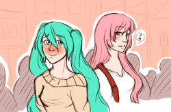upset with my computer so i drew kawaiis so what i was going for here is that luka and miku are strangers and they happen to pass by on the street and luka notices her and is like &ldquo;oh hey there lil mama u lookin&rsquo; FINE&rdquo; and then miku