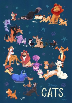flimflammeryart: The big reveal of my full Disney Cats piece for the WonderGround Gallery in Downtown Disney. So much fun to work on! Can you name them all?
