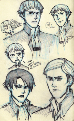 JEAN I&rsquo;M SORRY I CAN&rsquo;T DRAW YOU RIGHT STILL. T___T Have some sneaky Jearmin, as well as another Levi and my first attempt at Erwin.  ey little mama let me whisper tactical maneuvers in yo ear
