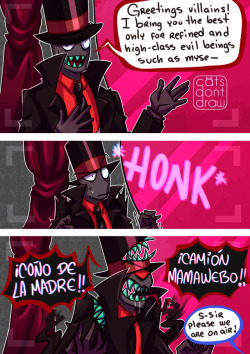 cats-dont-draw:  Black Hat and his bloopers in both English and Spanish!! :DcMy headcanon for English Black Hat is that he curses in Spanish, and my headcanon in Spanish is that he uses crse words from Venezuela instead of Mexico.(Bueno y a mis amiguitos