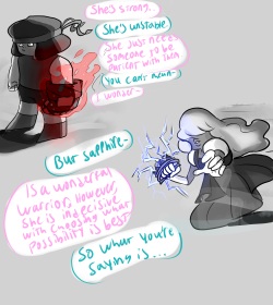 Quick doodle of a what if idea I had where Ruby and Sapphire met because Rose thought that they complemented each other well in battle, so she put them both as a team. Turns out they complemented each other wayyy better than what she expected