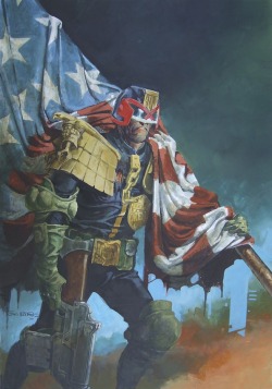 2000adonline:Dredd, White &amp; Blue!Classic Judge Dredd in patriotic mood updated by veteran art droid, John Burns, from his StarScan on the rear cover of Prog 836 (22May'93).