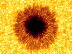 spaceplasma:  Sunspots are dark regions on the solar surface that contain complex arrangements of strong  localized magnetic fields and are often accompanied by intense solar activity (such as solar flares, coronal mass ejections), especially during