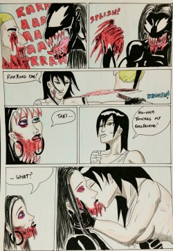 Kate Five vs Symbiote comic Page 126  Now kith! Big Red meets a rather bloody end, and Taki drops a bombshell on Kate and then another on her lips!  Great sideboob from Taki too! :) Kate however has seen better days