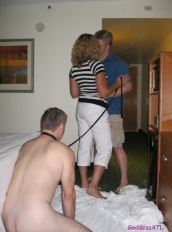 eraobsequium:  goddess-atl:  So this was an interesting night.  My husband and I met a submissive male at a hotel.  He was ordered to immediately strip and put on a dog collar and leash upon entering the room.  I had him worship my feet, and I teased