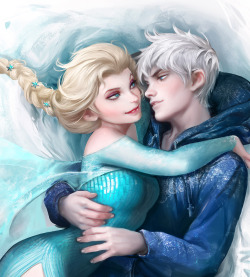 sakimichan:  Late Valentine picture XD;;; Hope you guys enjoy &lt;3 Just wanted to do something sexy but yet appropriate for Mister Jack Frost and Elsa, the snow queen ^_~ Their Love is Melting the snow… 