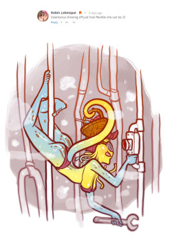 “Salamanca showing off just how flexible she can be!”She’s quite at home in the Boiler Room’s steamy underbelly, slithering in-between the mazes of pipes to reach any calamity without any problems!Supporters of the 15$ tier on Patreon can get