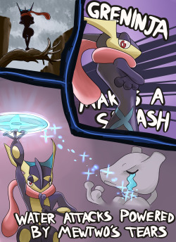theatricalvulpine:  No matter what Greninja makes, the real splash is the one made by Mewtwo’s tears. Don’t get me wrong, I’m excited for Greninja. In a perfect world every ‘mon would come to Smash. In a non perfect world is sure is odd that Greninja