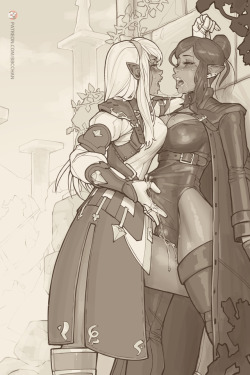 bbc-chan: bbc-chan:  January Patreon Commission #8 Toned lineart of a request for Andromeda featuring FF14 Elezens Claire (left) and Noella.EDIT: Added the Cum variant.  Become a PATRON patreon | twitter | hentai foundry | smutbros | commissions  Added